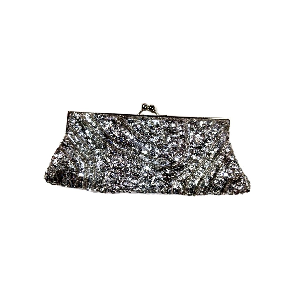 Silver Sequin Evening Bag Convertible Purse Metal Frame Kiss Clasp Vintage Y2K